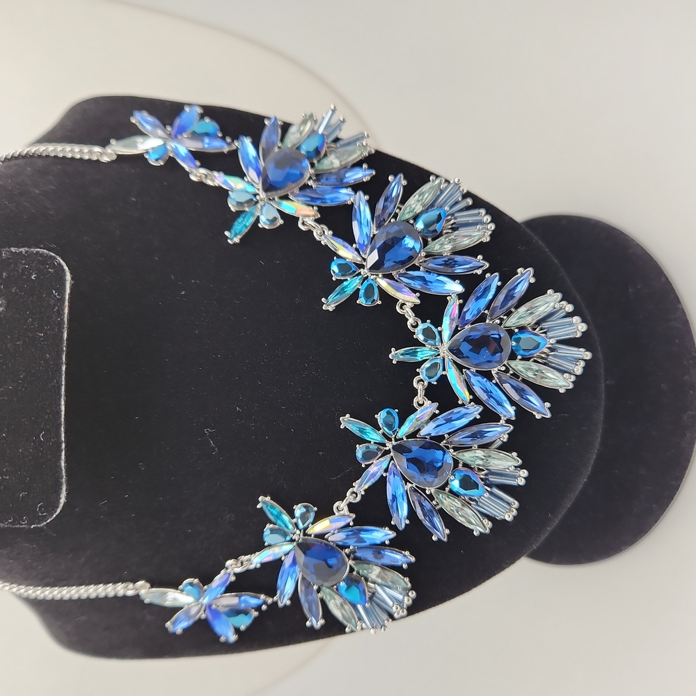 INC Silver-Tone Blue Mixed Stone Fan Statement Necklace